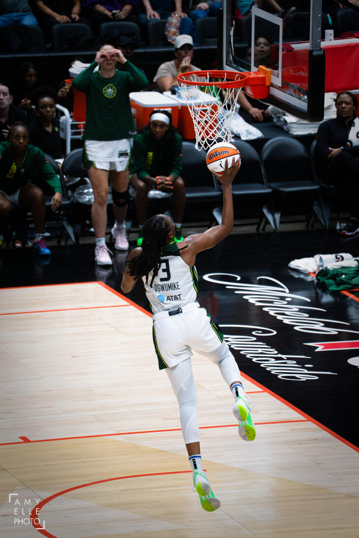 Nneka Ogwumike (Seattle Storm) makes a layup with a teammate celebrating in the background at the 2025 WNBA Canada Series game in Vancouver