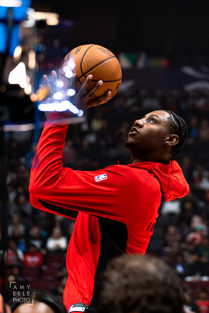 RJ Barrett (Toronto Raptors) makes a layup at the 2025 NBA Canada Series game in Vancouver