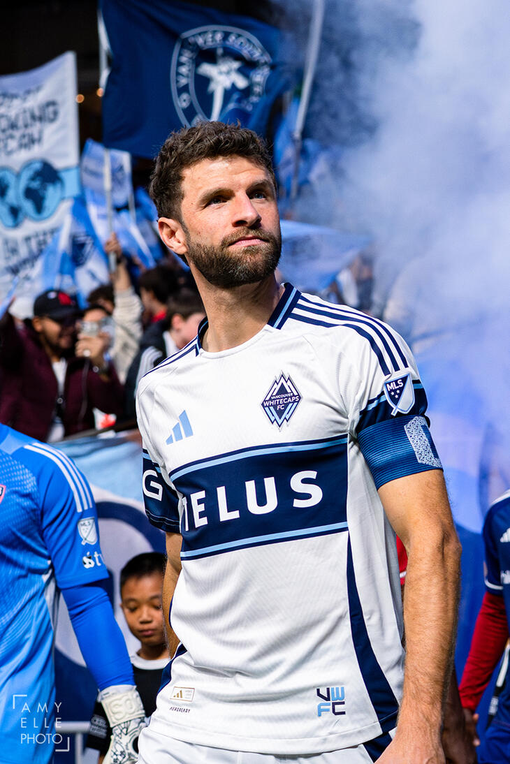 Thomas Muller (Vancouver Whitecaps FC) enters the pitch with fan supporters cheering in the background at the 2025 MLS Cup first round playoffs
