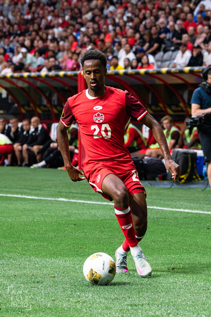Ali Ahmed (Canada) in action at the 2025 Concacaf Gold Cup first round match