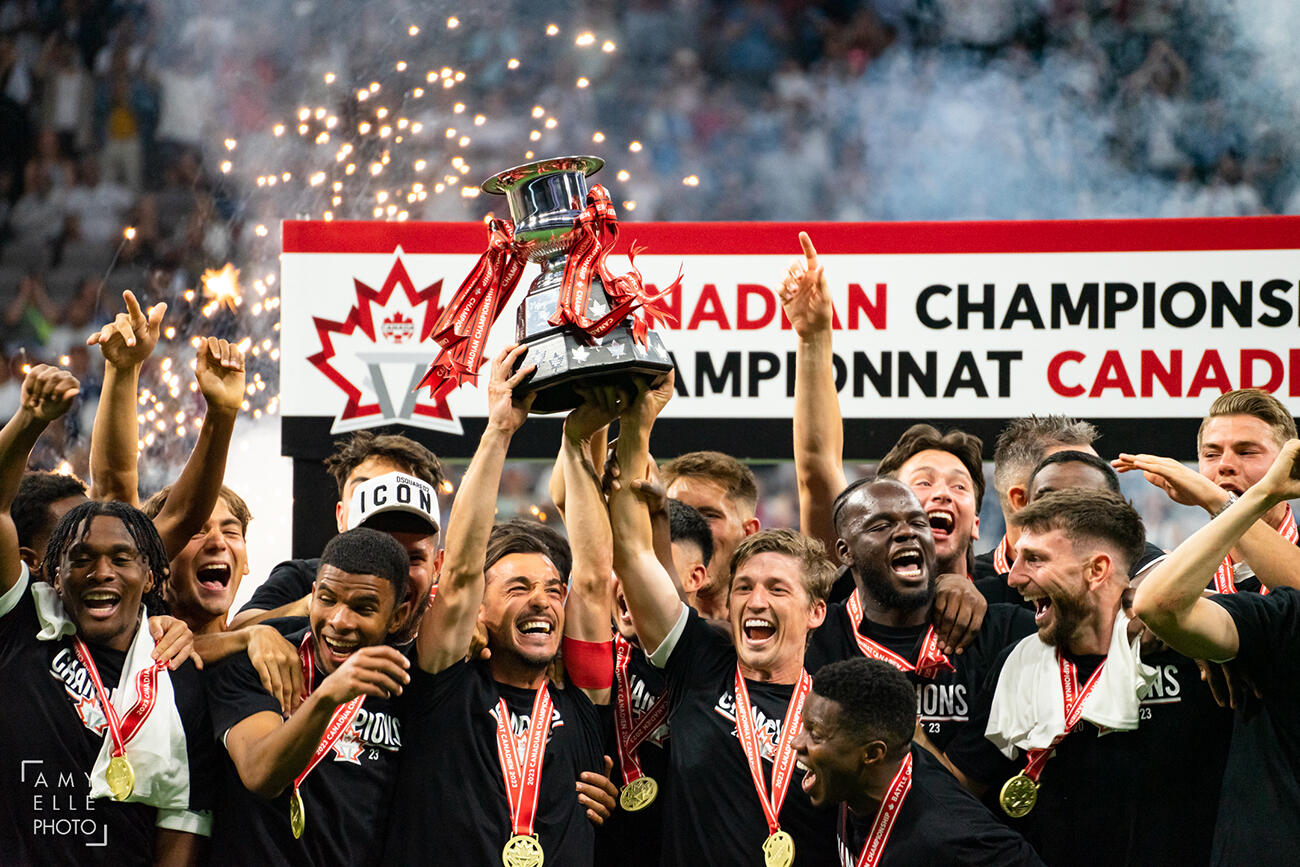 Vancouver Whitecaps FC celebrate winning the Voyageur's Cup at the 2023 Canadian Championship Finals
