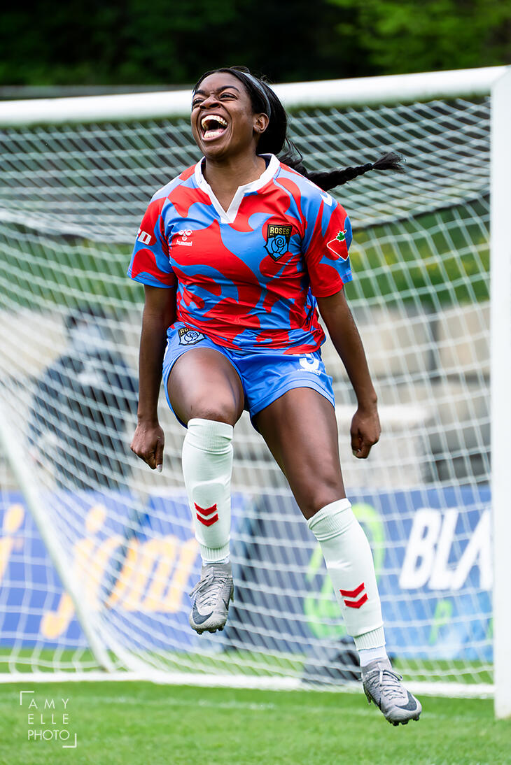 Hailey Whitaker (Montreal Roses FC) jumps and celebrates after scoring a goal at a Northern Super League regular season match in 2025