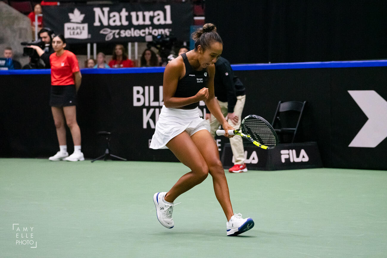 Leylah Annie Fernandez (Canada) yells triumphantly and makes a fist pump at the 2023 Billie Jean King Cup first round qualifiers