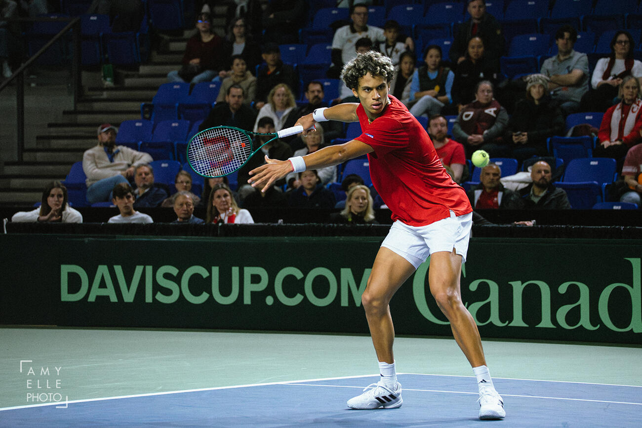 Gabriel Diallo (Canada) locks in and focuses on the tennis ball at the 2026 Davis Cup first round qualifiers
