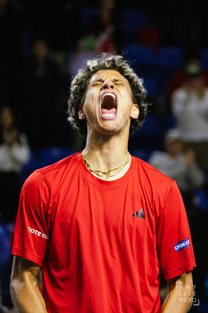 Gabriel Diallo (Canada) yells triumphantly after winning his match at the 2026 Davis Cup first round qualifiers