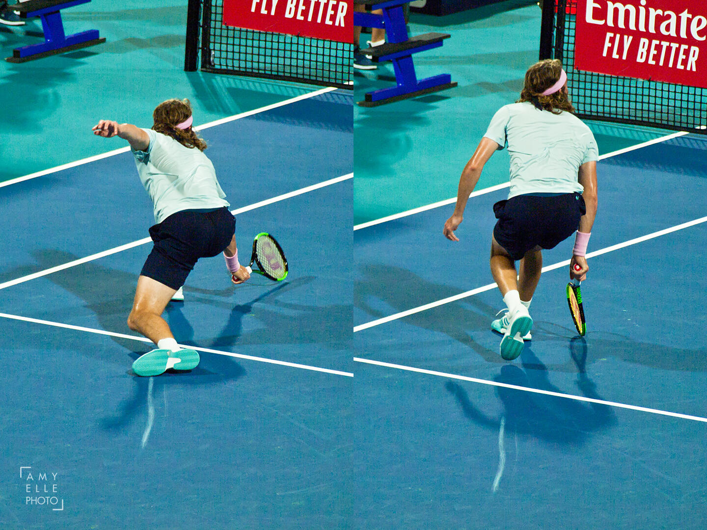 Stefanos Tsitsipas (Greece) runs for a net volley and skid marks appear from his shoes at the 2019 Miami Open
